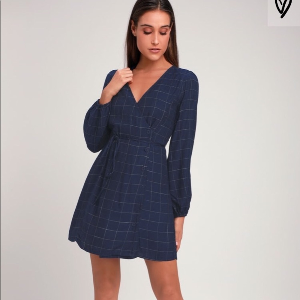Navy Grid Print Long Sleeve Button-Up Wrap Dress